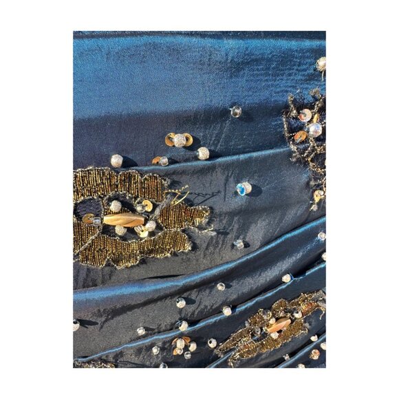 Bella Formals Satin Iridescent Blue Grad Dress Prom Fit & Flare Embellished Gold - Picture 5 of 16